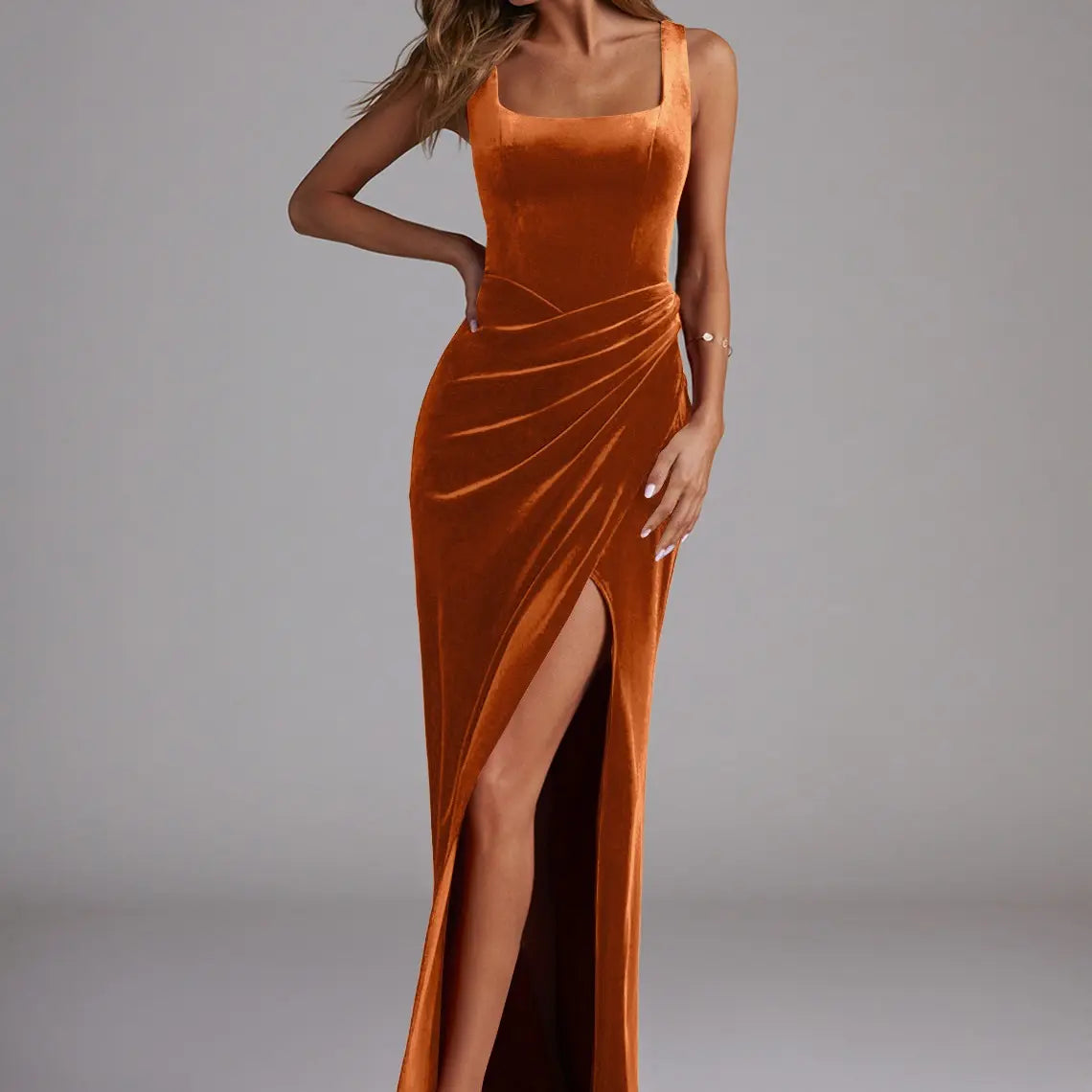 Azazie Mero Square Neck Keyhole Back Slit Mermaid Bridesmaid Wedding Evening Velvet Dress