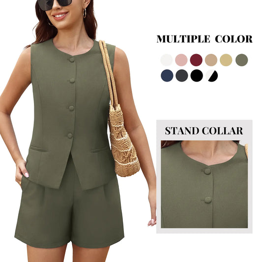 Casly Lamiit Women'S 2 Piece Blazer Suit Set Summer Business Matching Sets Crew Neck Button Vest Shorts Dressy Work Outfits Casual Classy Design Soft Comfort Material Trendy Design #Springfresh