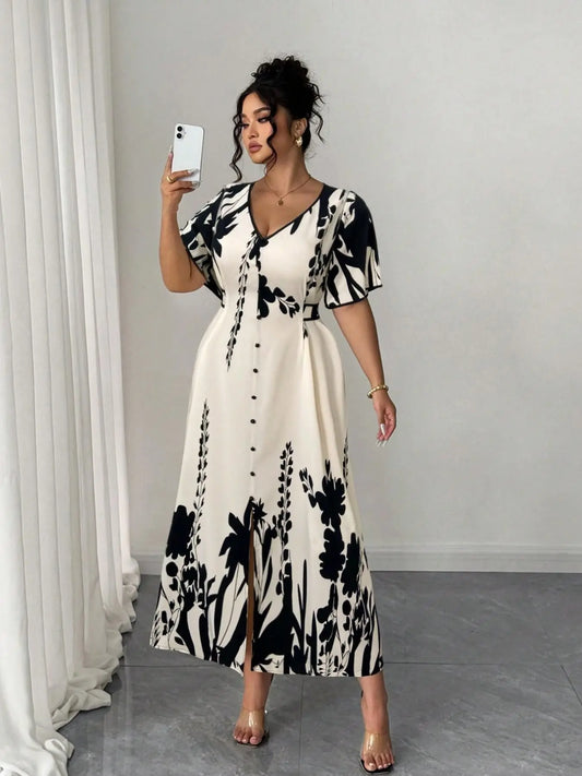 Plus Size Dresses Women Floral Print Dress, V Neck Button Embellished, Waist Cinched A-Line Gown, Women'S Fashion Clothing