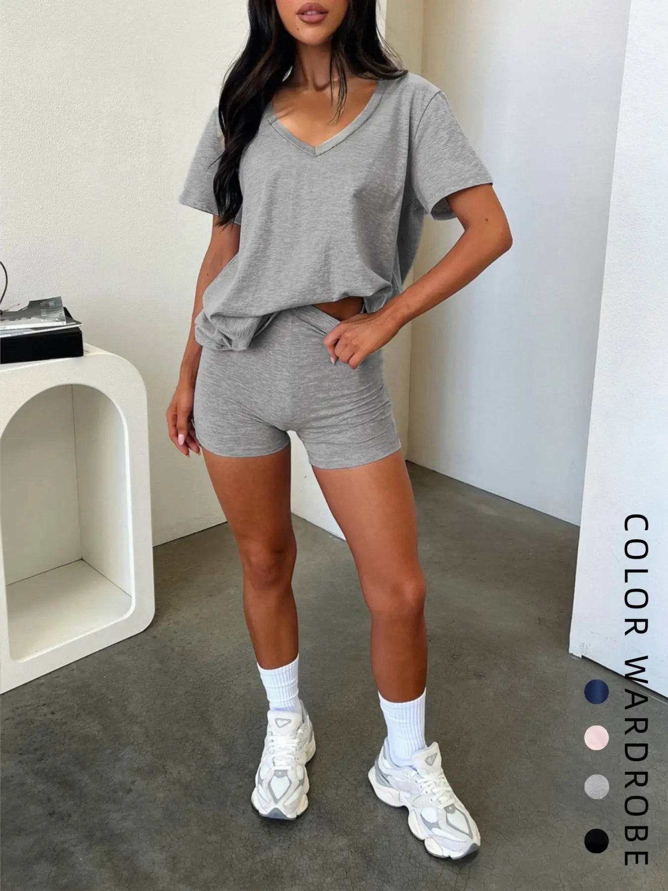 Women'S Summer V-Neck Short Sleeve T-Shirt & High-Waisted Shorts Set, Casual Sportswear, Sporty Comfy Breathable, Perfect for Sports & Daily Wear