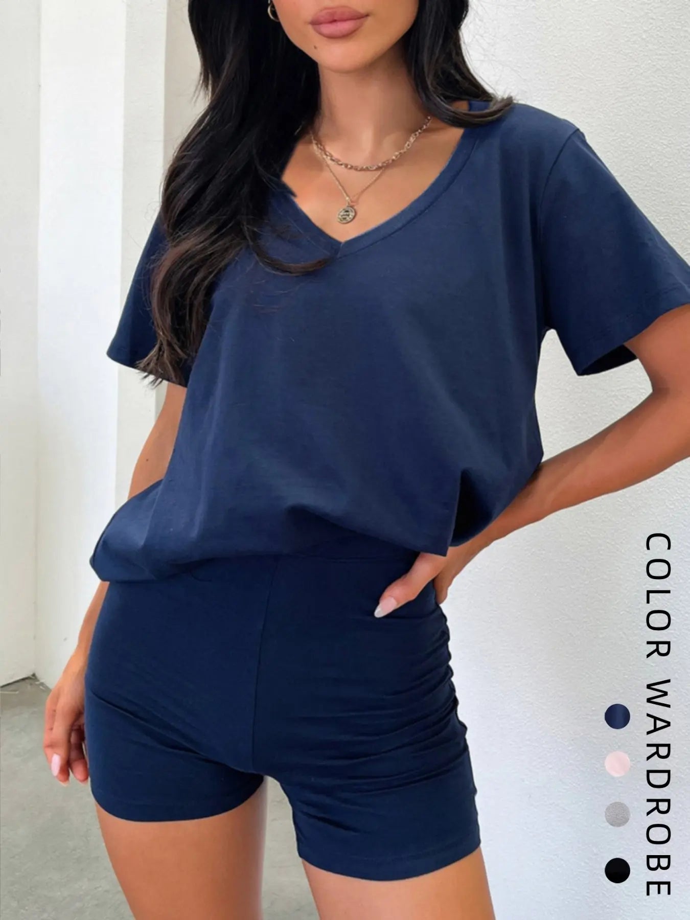 Women'S Summer V-Neck Short Sleeve T-Shirt & High-Waisted Shorts Set, Casual Sportswear, Sporty Comfy Breathable, Perfect for Sports & Daily Wear