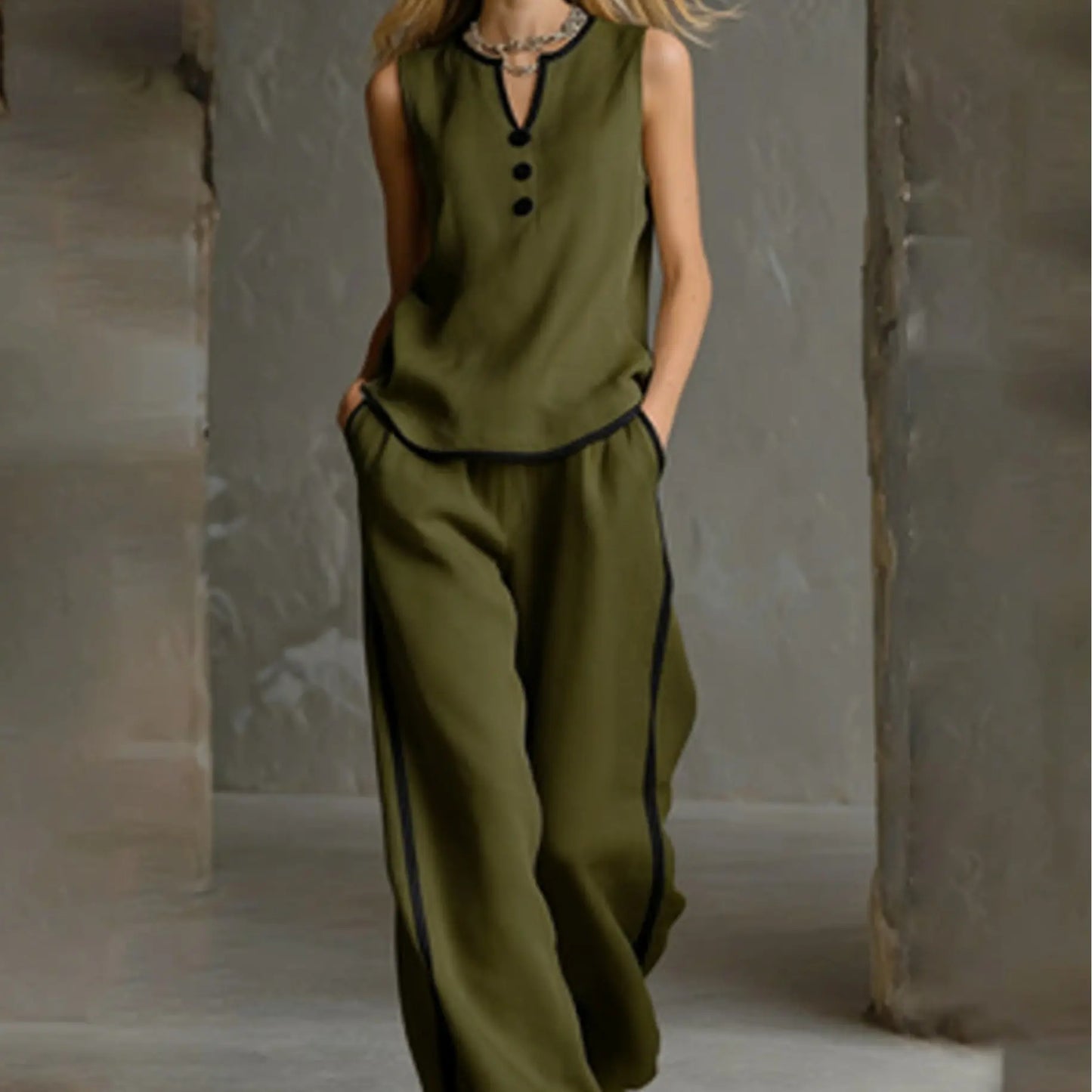 Women'S Contrast Trim V-Neck Lounge Set - Sleeveless Wide Leg Pants Outfit - Mother'S Day Gift