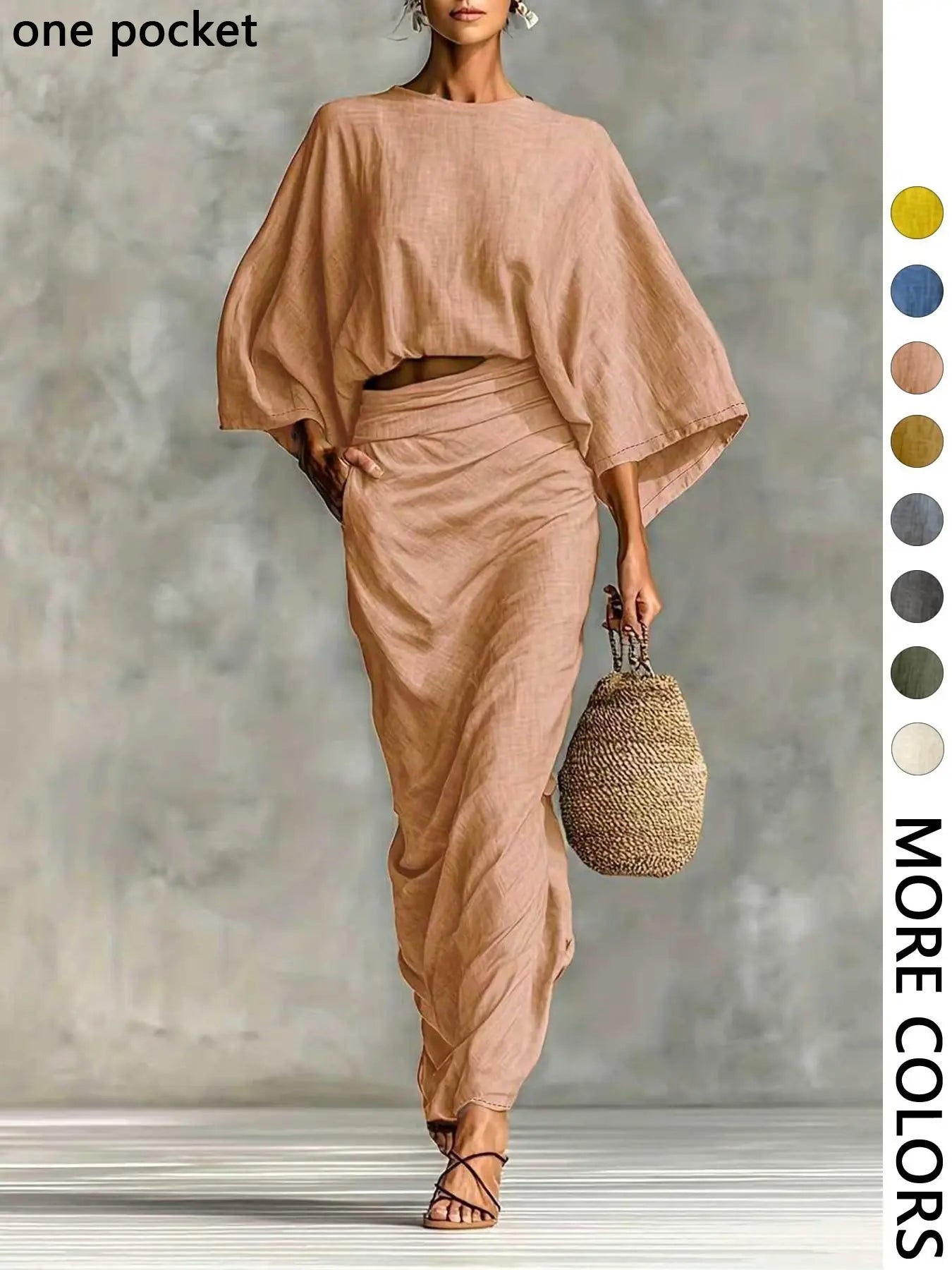 Women'S Stylish Loose-Fitting Casual Two-Piece Set, Spring & Fall Comfortable Long Skirt with Waist Definition and Pocket One Pocket