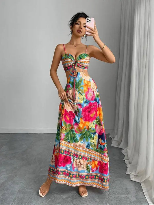 Women'S Floral Print Cami Dress, Boho Spaghetti Strap Dress for Beach Holiday Vacation, Ladies Clothes for Summer