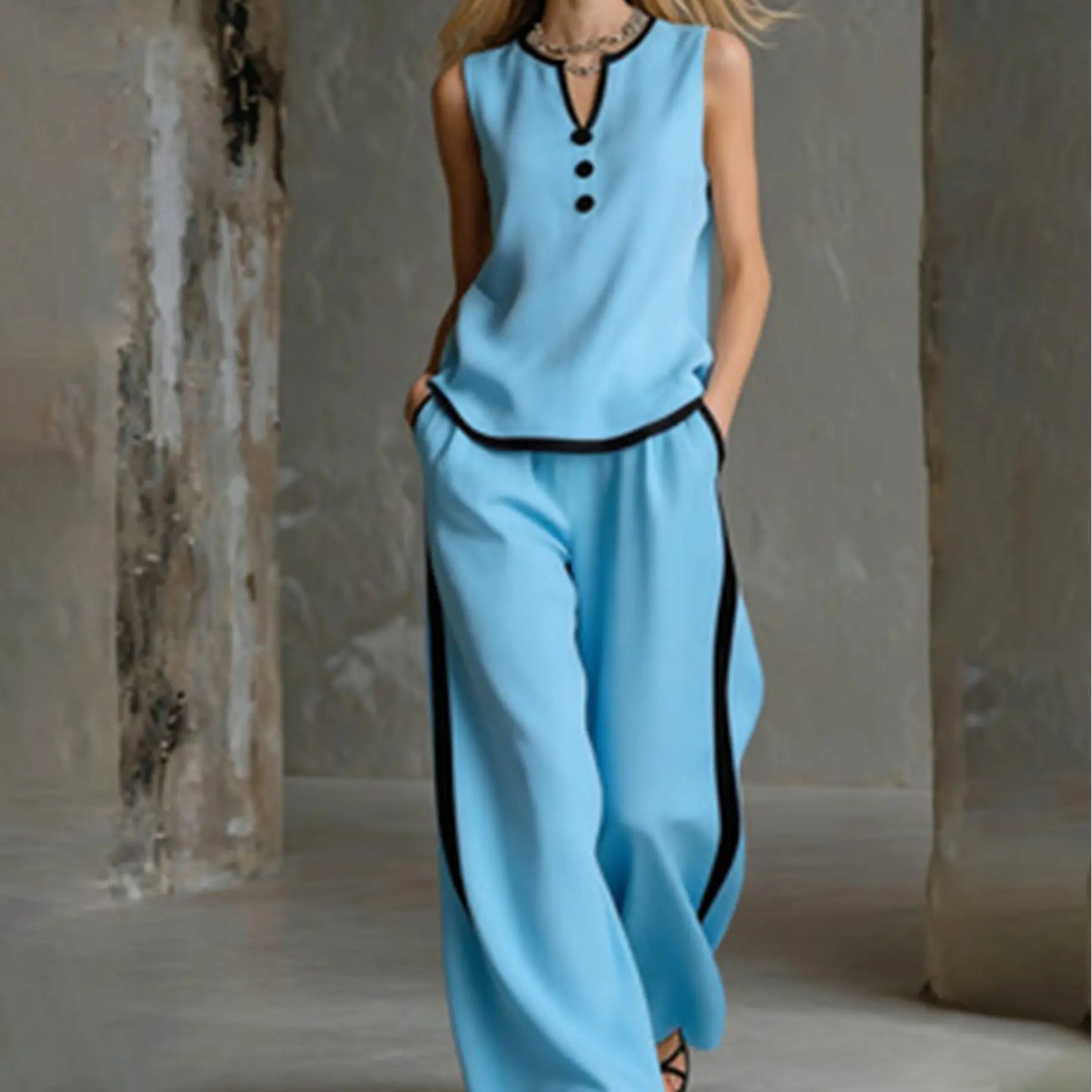 Women'S Contrast Trim V-Neck Lounge Set - Sleeveless Wide Leg Pants Outfit - Mother'S Day Gift