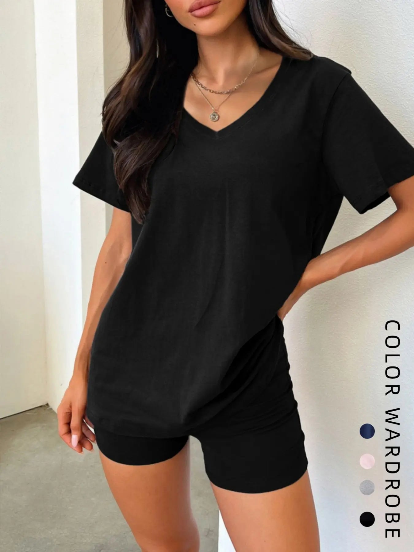 Women'S Summer V-Neck Short Sleeve T-Shirt & High-Waisted Shorts Set, Casual Sportswear, Sporty Comfy Breathable, Perfect for Sports & Daily Wear