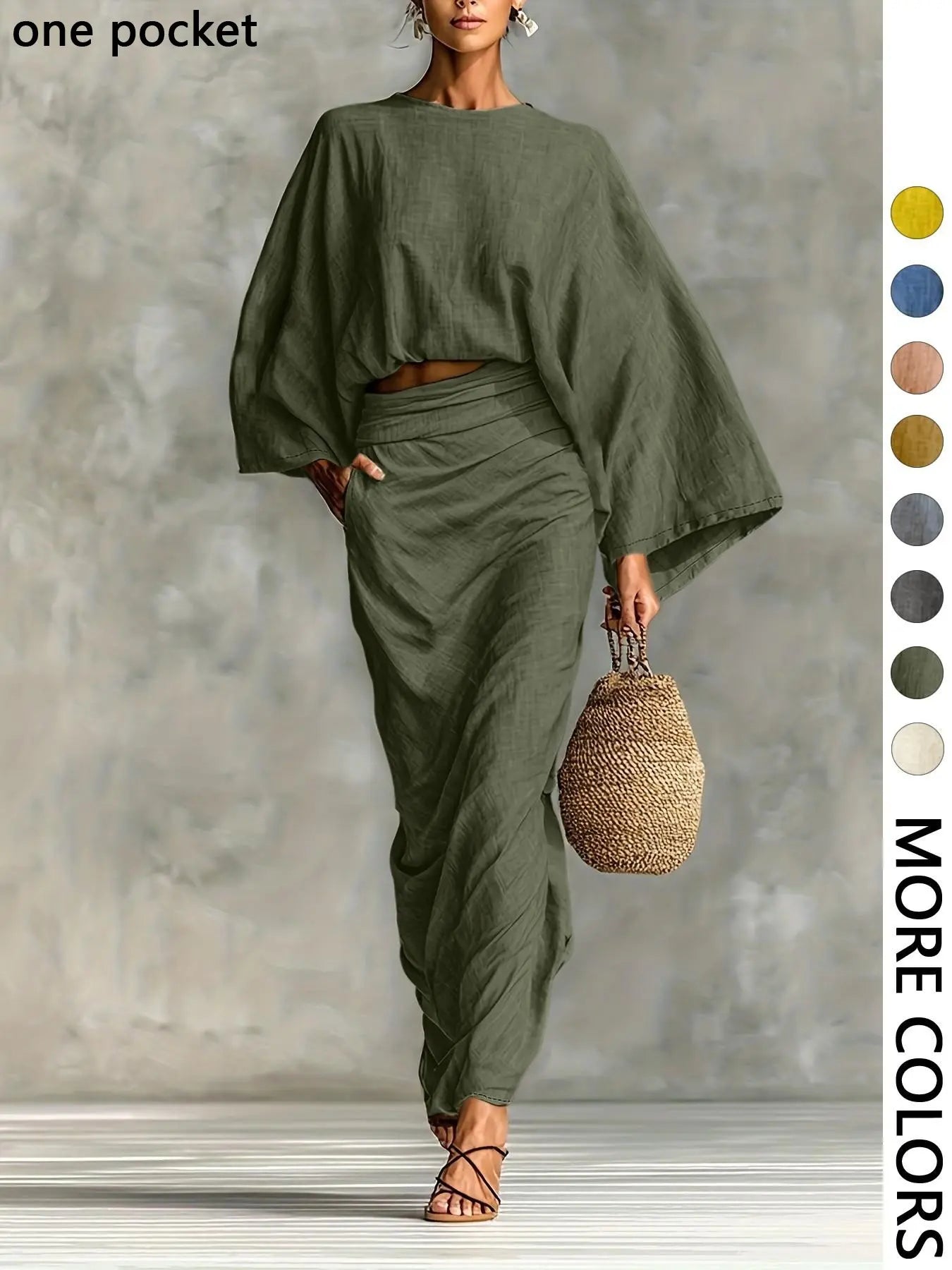 Women'S Stylish Loose-Fitting Casual Two-Piece Set, Spring & Fall Comfortable Long Skirt with Waist Definition and Pocket One Pocket