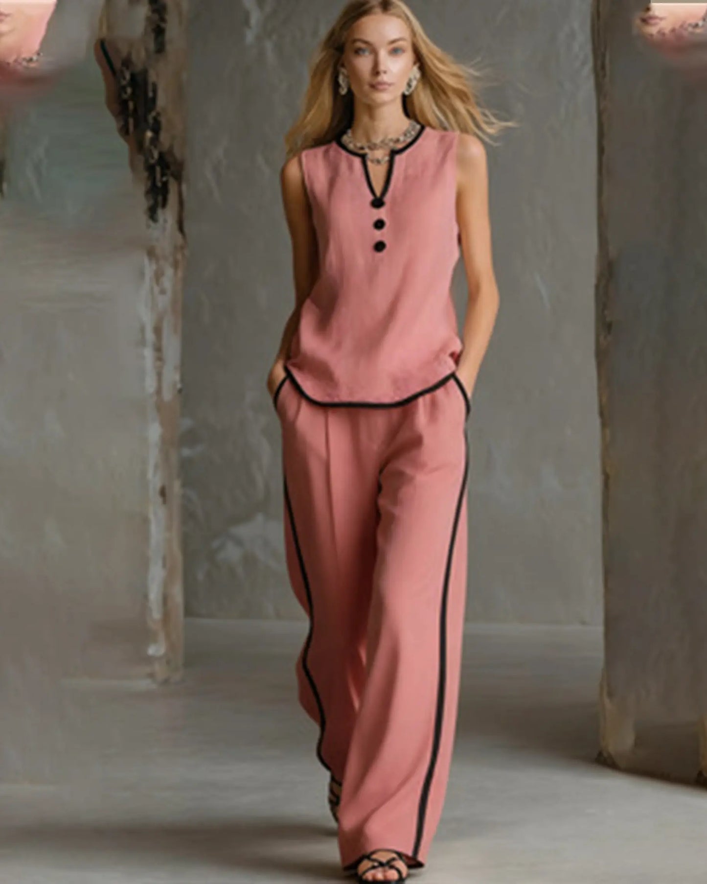 Women'S Contrast Trim V-Neck Lounge Set - Sleeveless Wide Leg Pants Outfit - Mother'S Day Gift