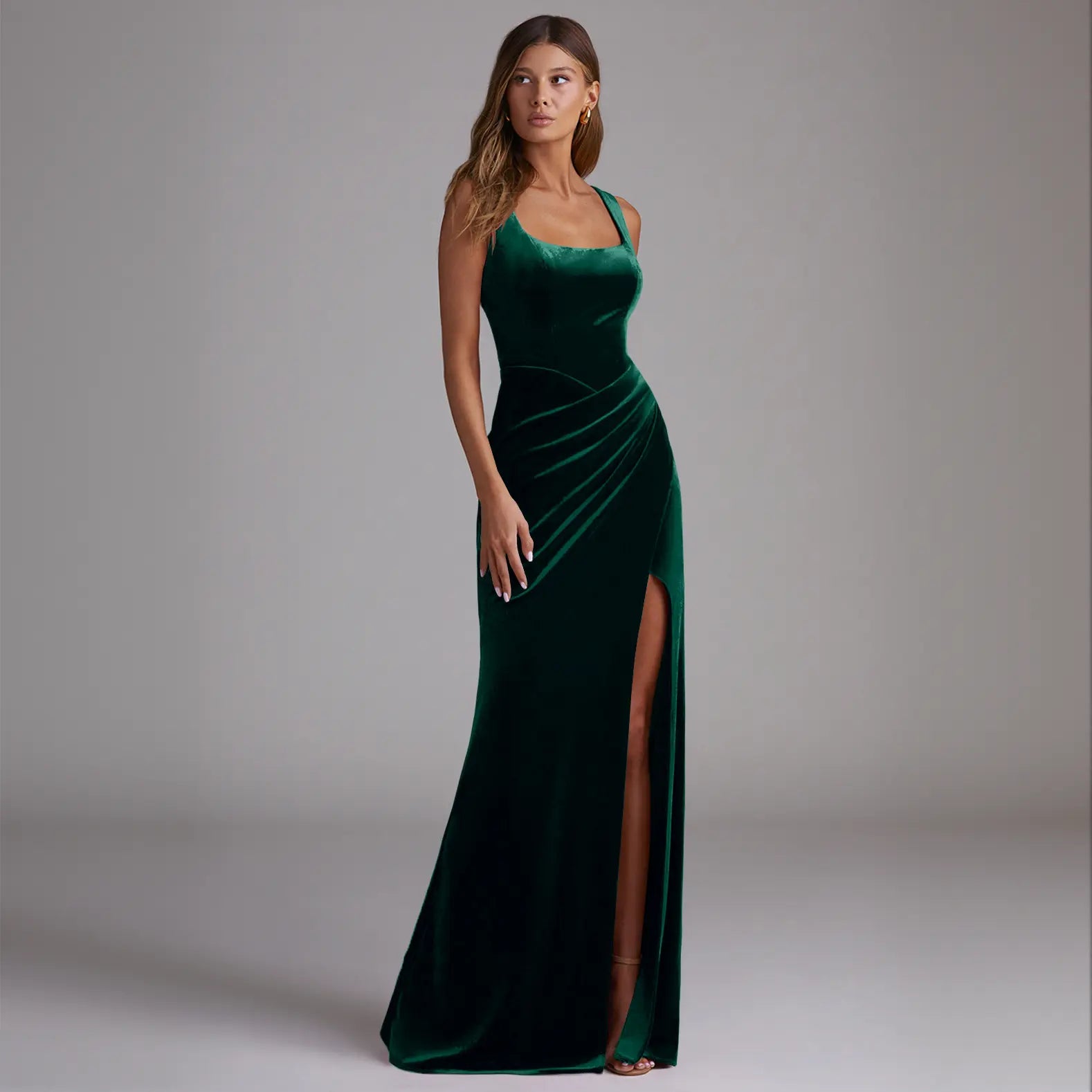 Azazie Mero Square Neck Keyhole Back Slit Mermaid Bridesmaid Wedding Evening Velvet Dress