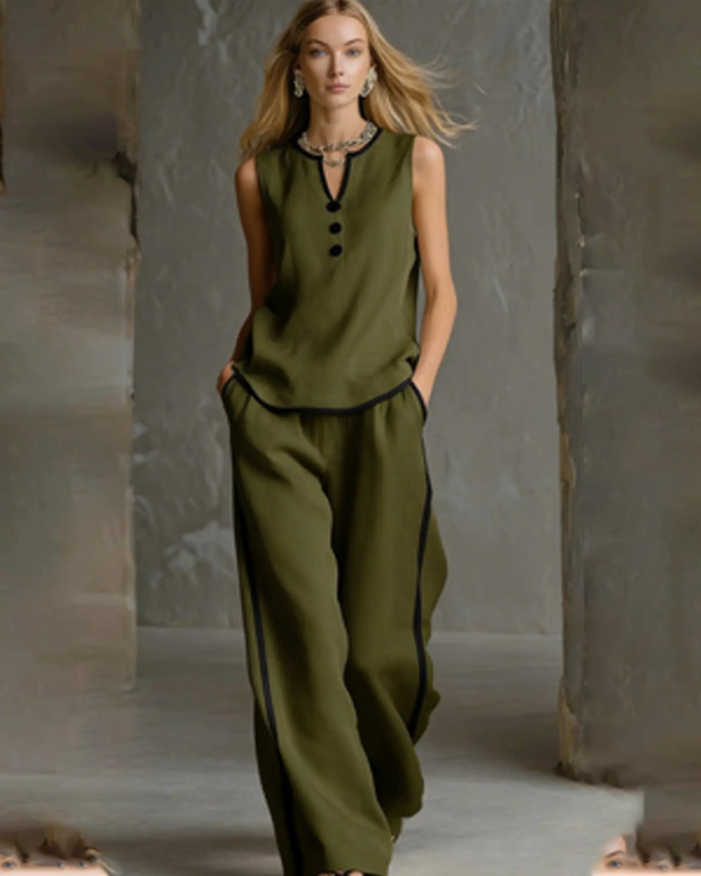 Women'S Contrast Trim V-Neck Lounge Set - Sleeveless Wide Leg Pants Outfit - Mother'S Day Gift