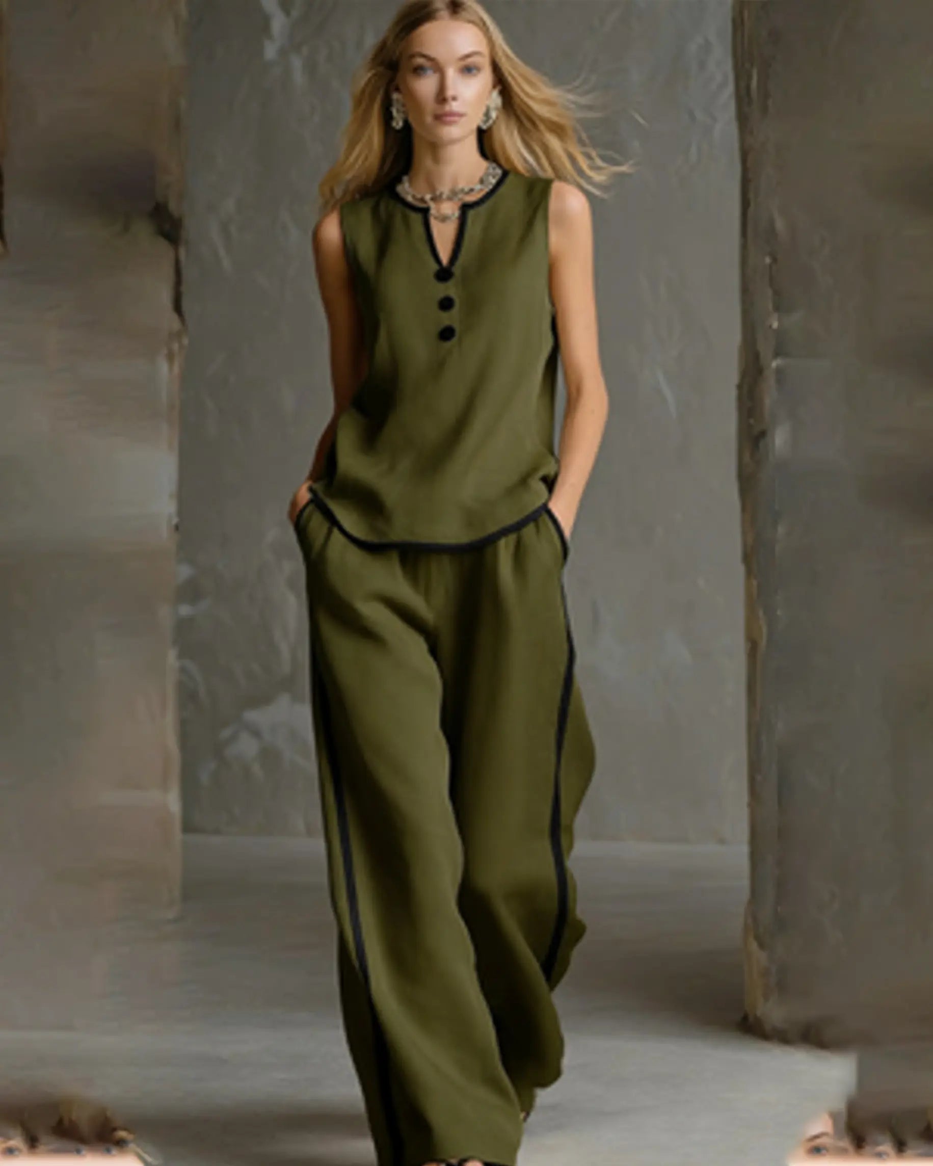 Women'S Contrast Trim V-Neck Lounge Set - Sleeveless Wide Leg Pants Outfit - Mother'S Day Gift