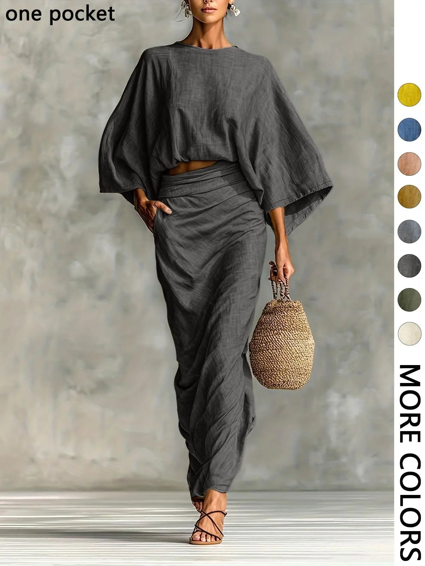 Women'S Stylish Loose-Fitting Casual Two-Piece Set, Spring & Fall Comfortable Long Skirt with Waist Definition and Pocket One Pocket