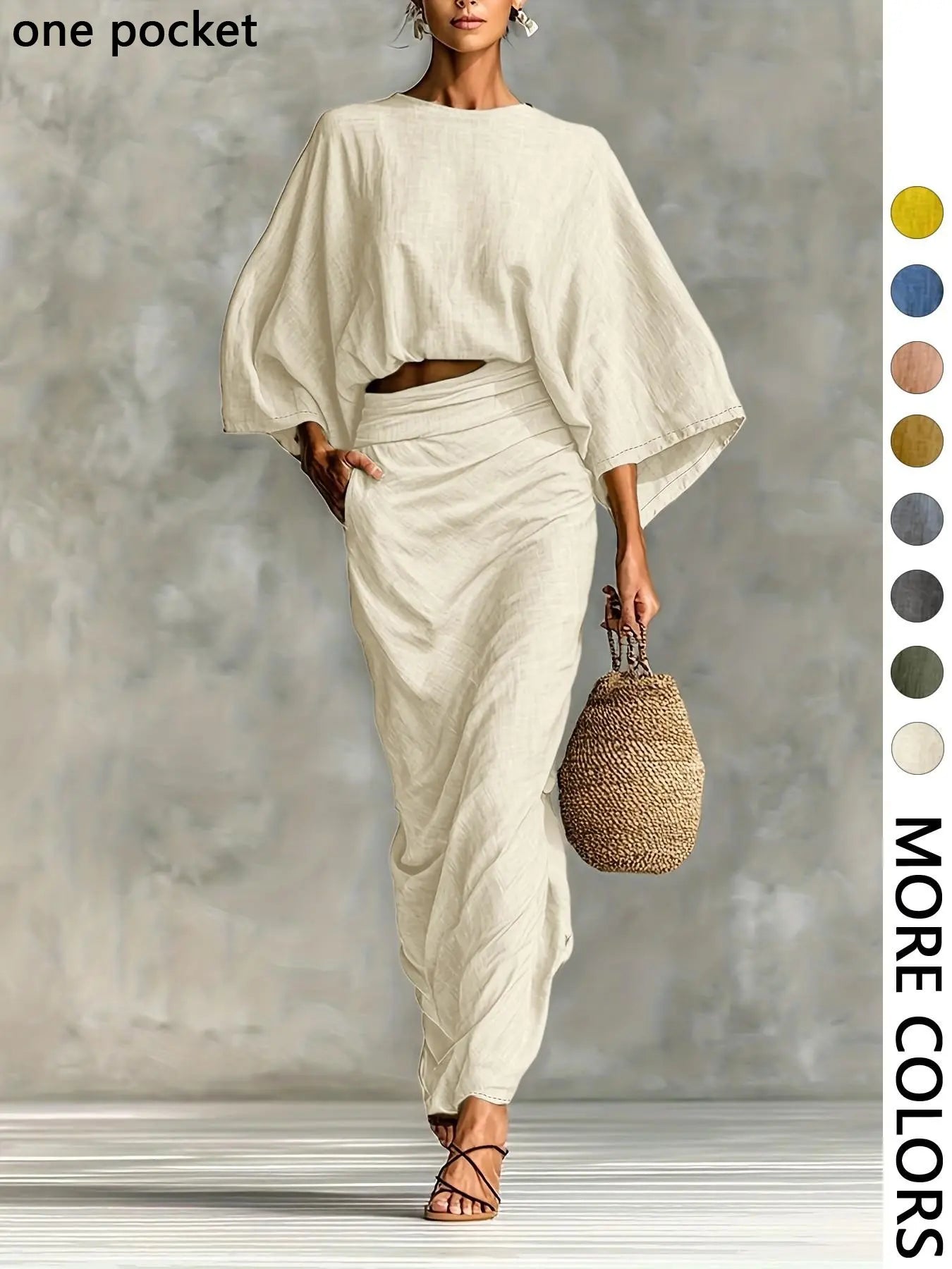 Women'S Stylish Loose-Fitting Casual Two-Piece Set, Spring & Fall Comfortable Long Skirt with Waist Definition and Pocket One Pocket