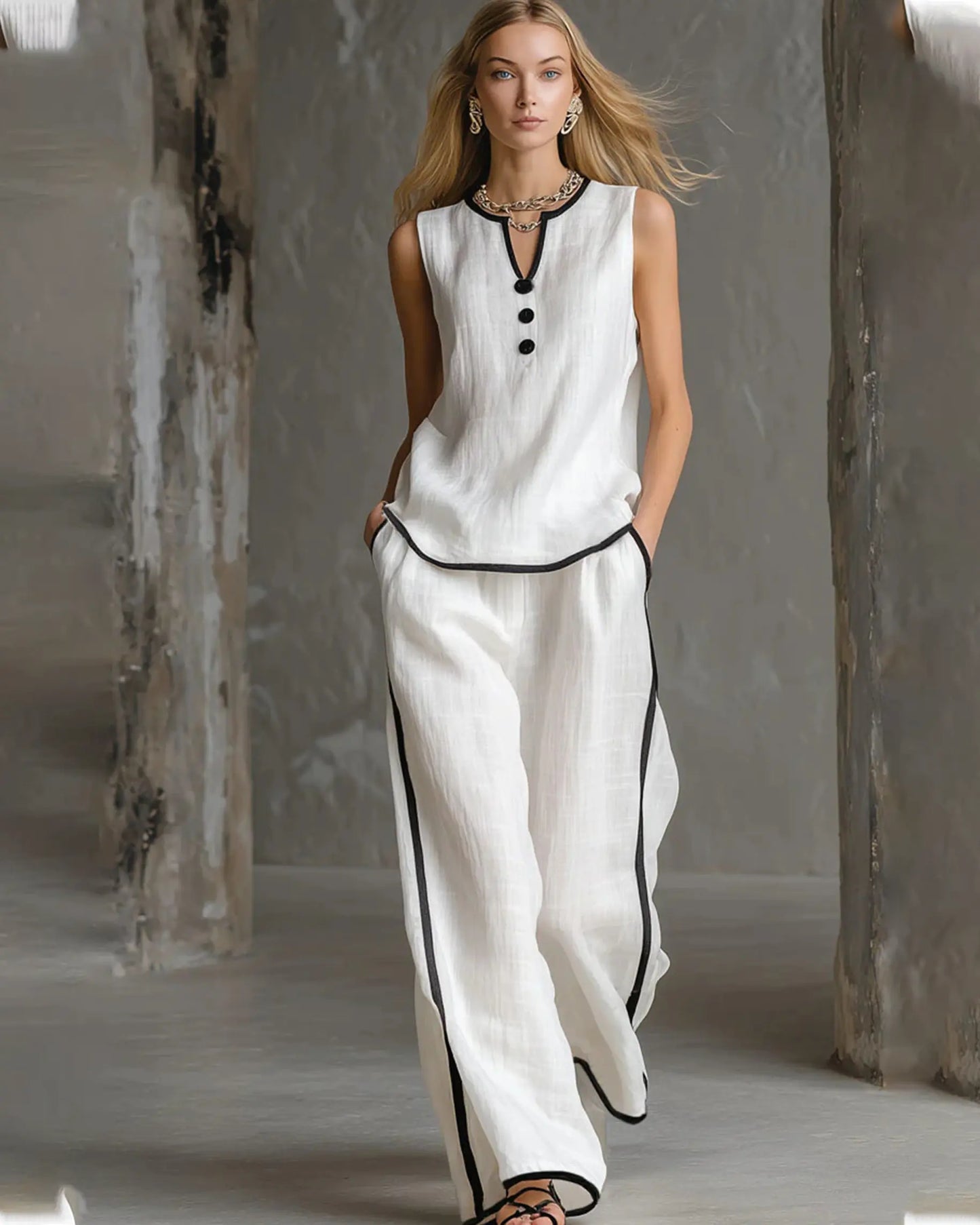 Women'S Contrast Trim V-Neck Lounge Set - Sleeveless Wide Leg Pants Outfit - Mother'S Day Gift