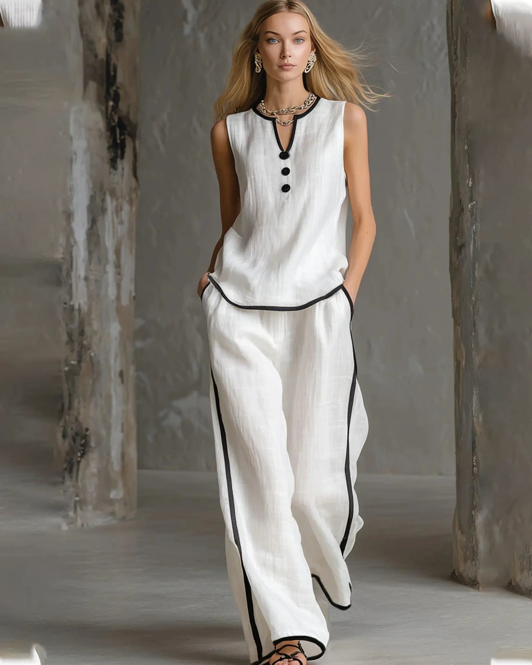 Women'S Contrast Trim V-Neck Lounge Set - Sleeveless Wide Leg Pants Outfit - Mother'S Day Gift