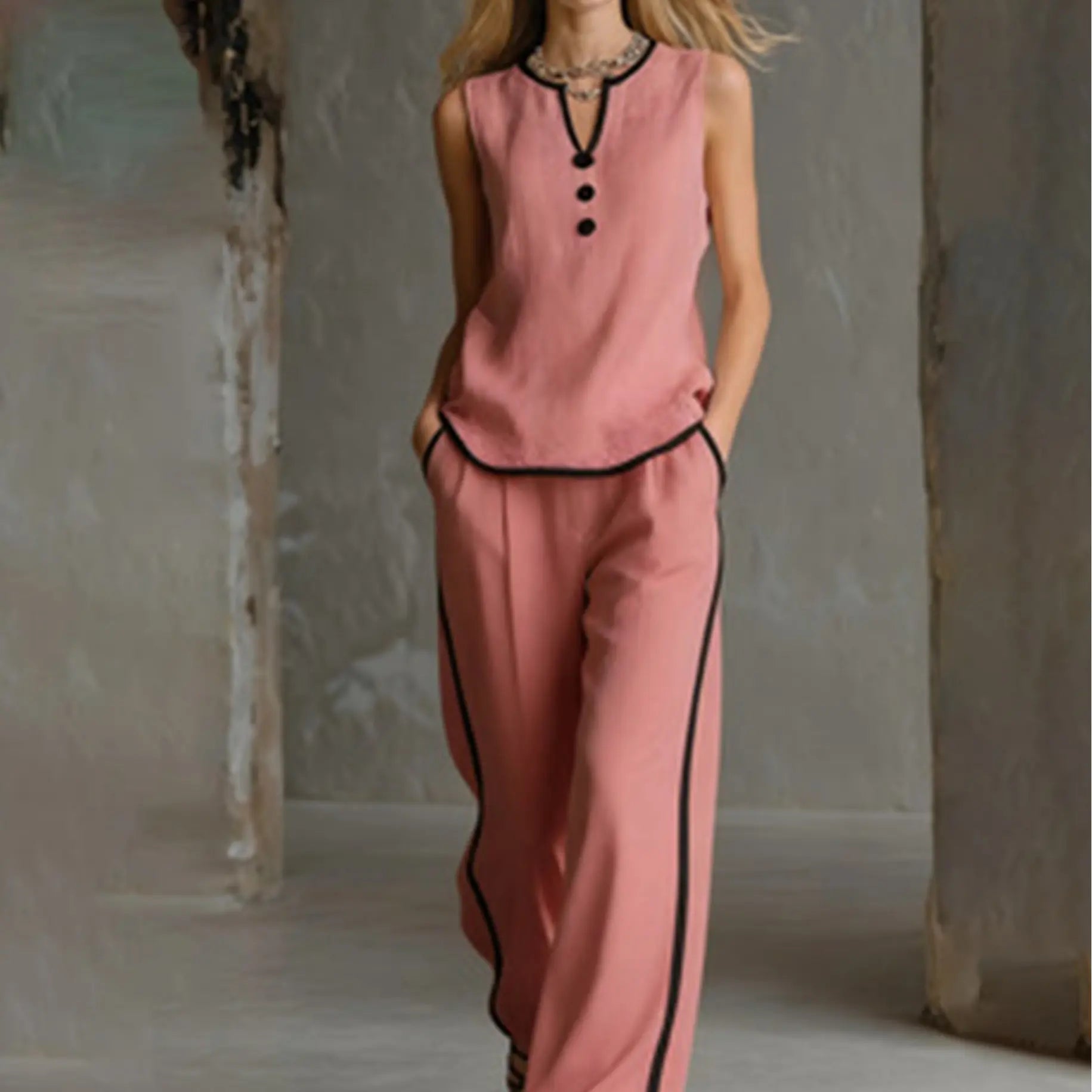 Women'S Contrast Trim V-Neck Lounge Set - Sleeveless Wide Leg Pants Outfit - Mother'S Day Gift